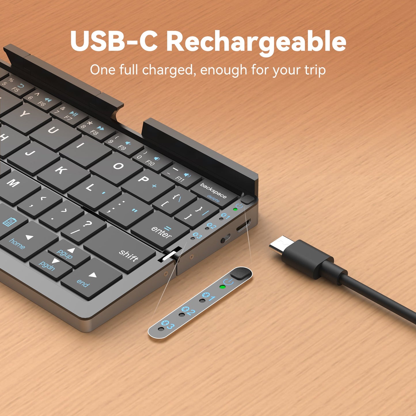 USB-C rechargeable port on SikaiCase foldable Bluetooth keyboard