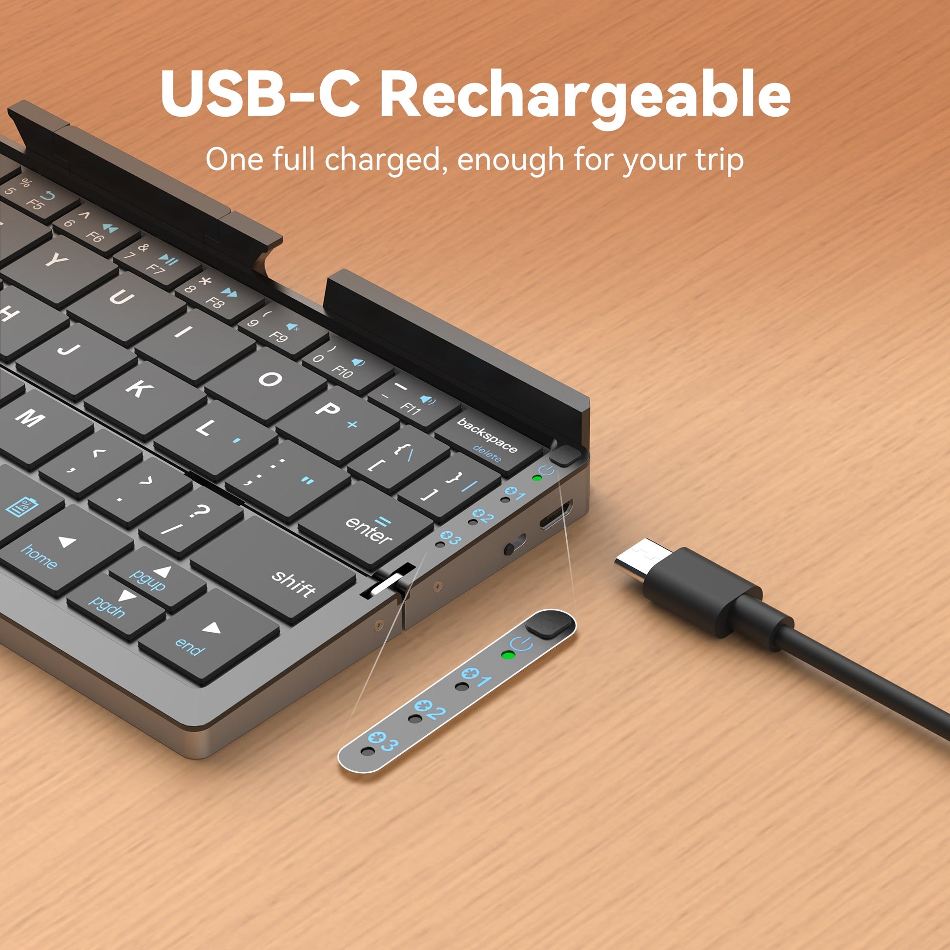 USB-C rechargeable port on SikaiCase foldable Bluetooth keyboard