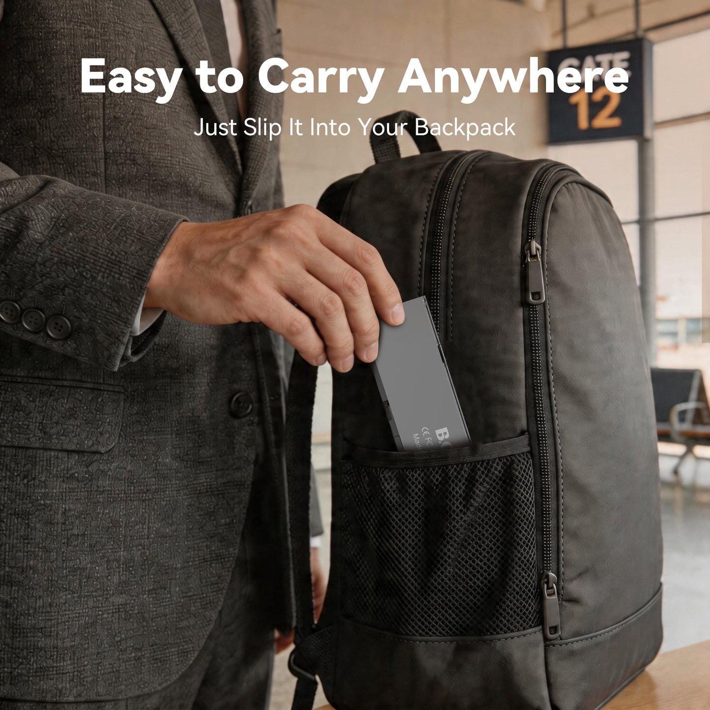 Compact foldable Bluetooth keyboard stored in a travel backpack