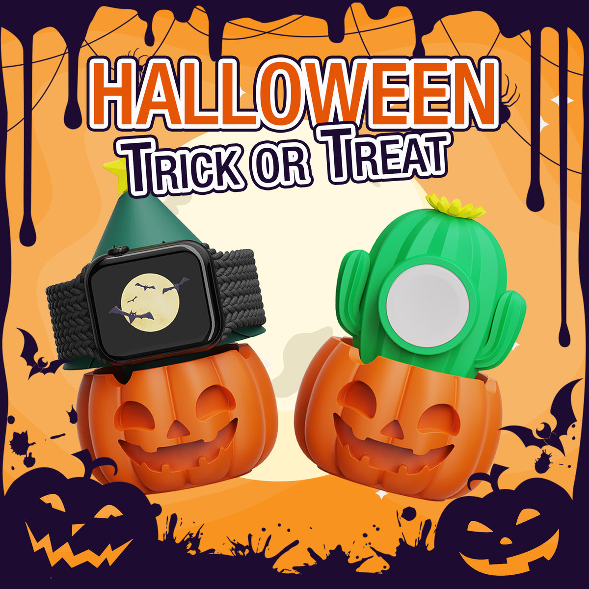 Pumpkin Apple Watch charger stands in Halloween display