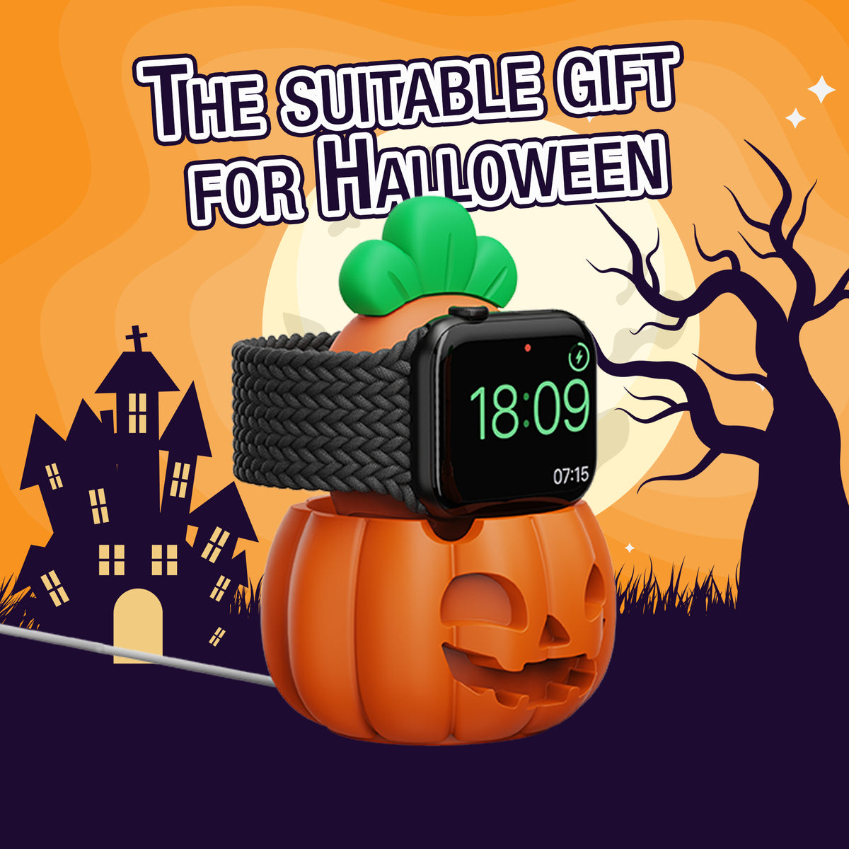 Pumpkin Apple Watch charger stand as a Halloween gift