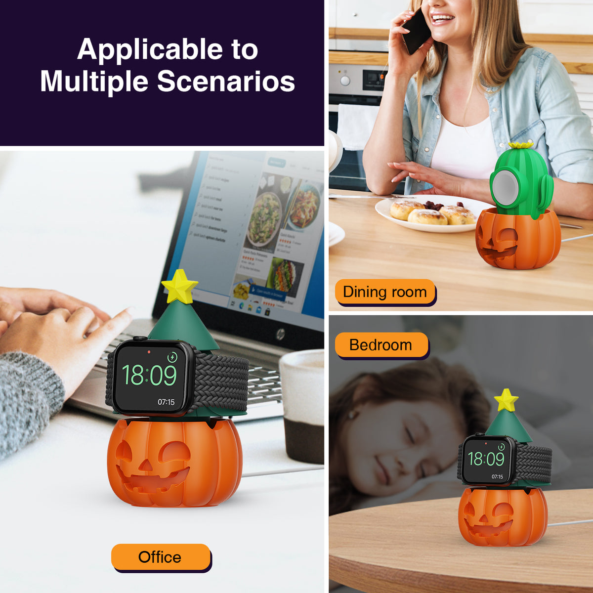 Pumpkin Apple Watch charger stand used in office bedroom and dining room