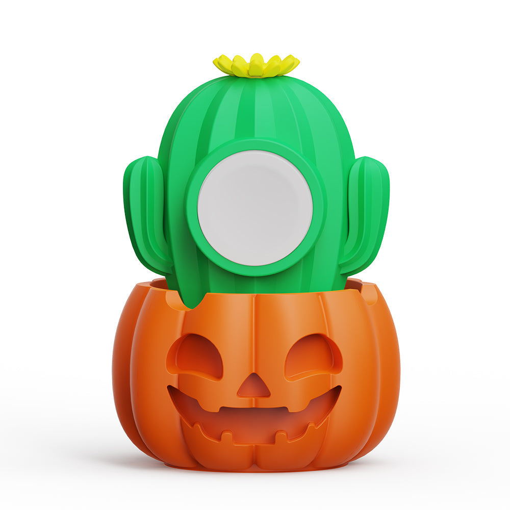 Pumpkin and cactus Apple Watch charging stand, front view