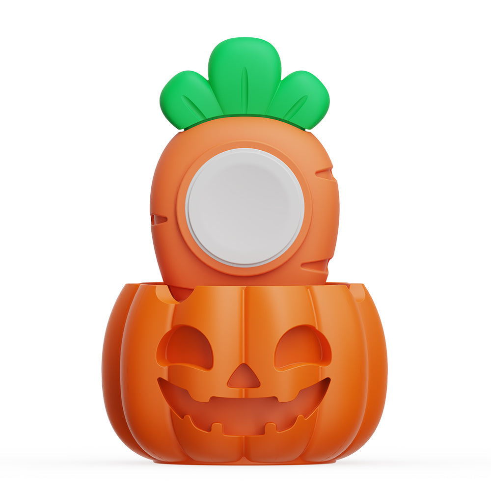 Pumpkin and carrot Apple Watch charging stand, front view