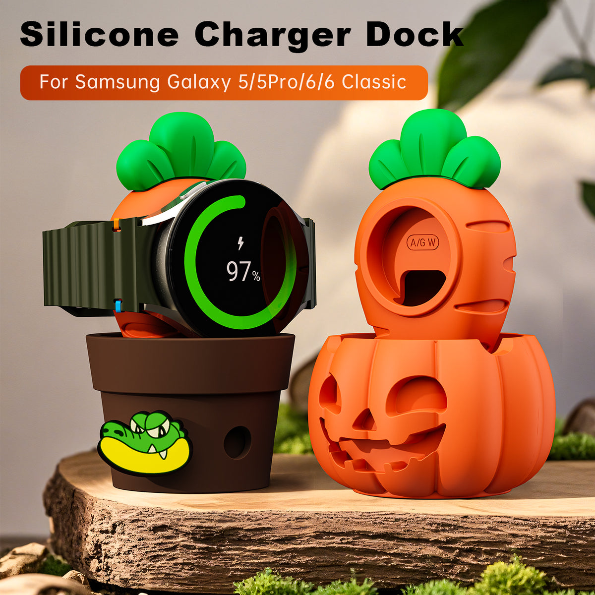 Samsung Galaxy Watch charging on pumpkin stand in Halloween scene