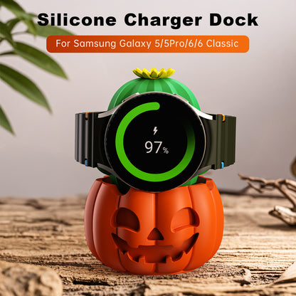 Pumpkin charger stand holding Samsung Galaxy Watch