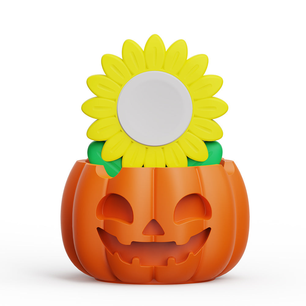 Pumpkin and sunflower Apple Watch charging stand, front view