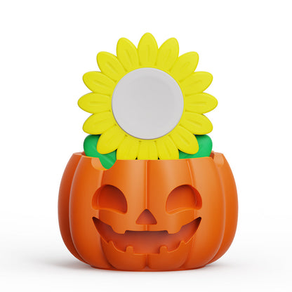 Pumpkin and sunflower Apple Watch charging stand, front view