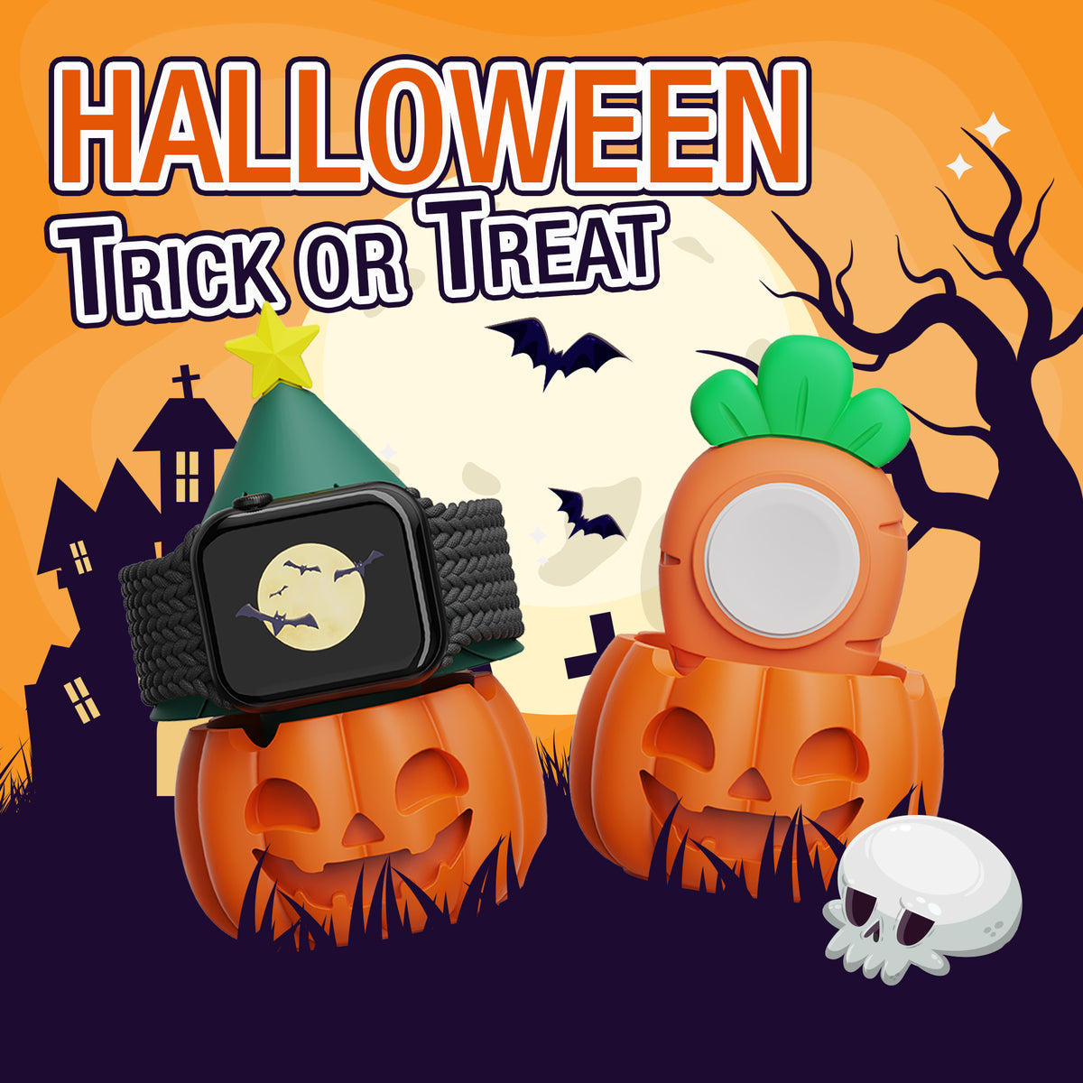 Pumpkin Apple Watch charger stands with Halloween trick or treat design