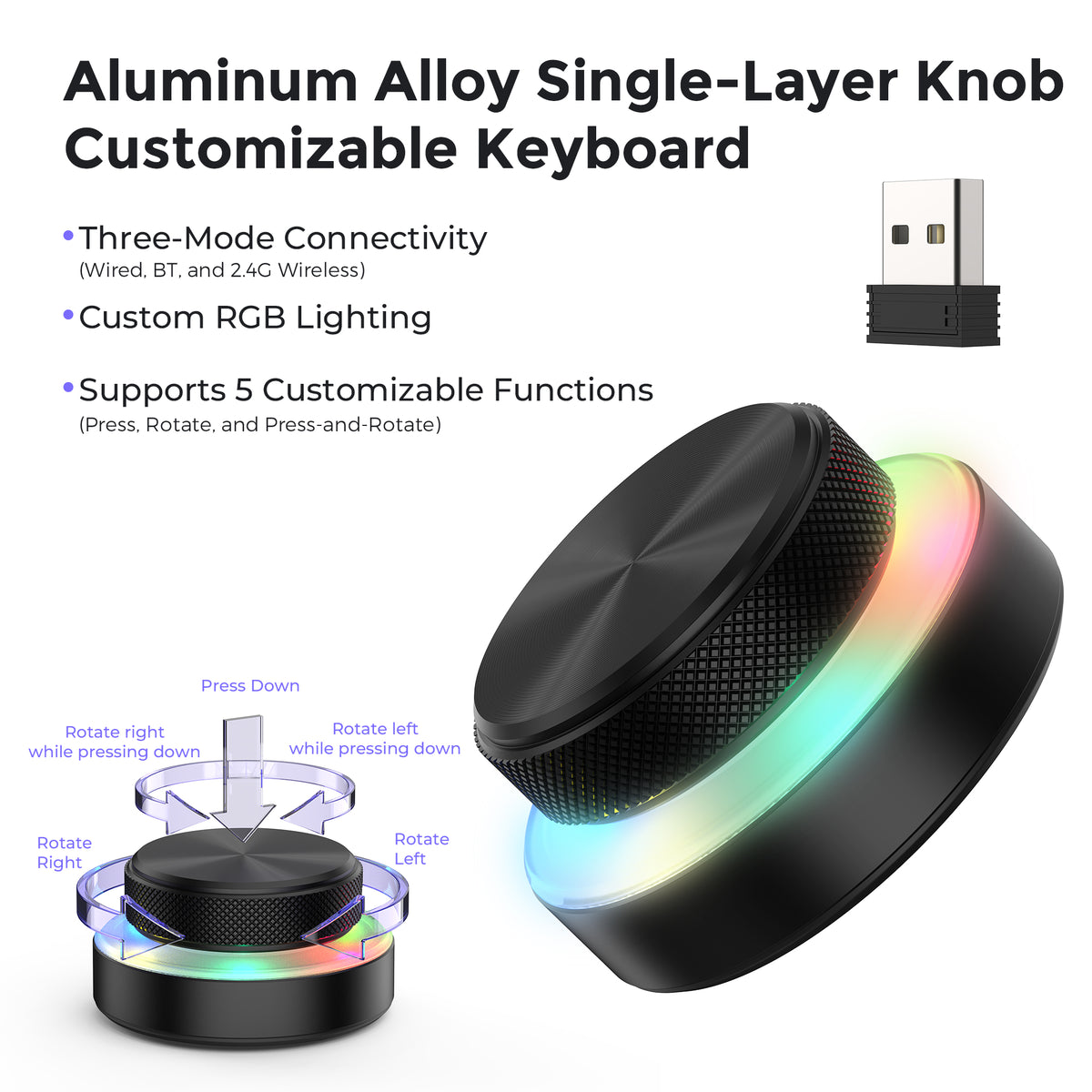 Black single-layer programmable RGB knob keyboard