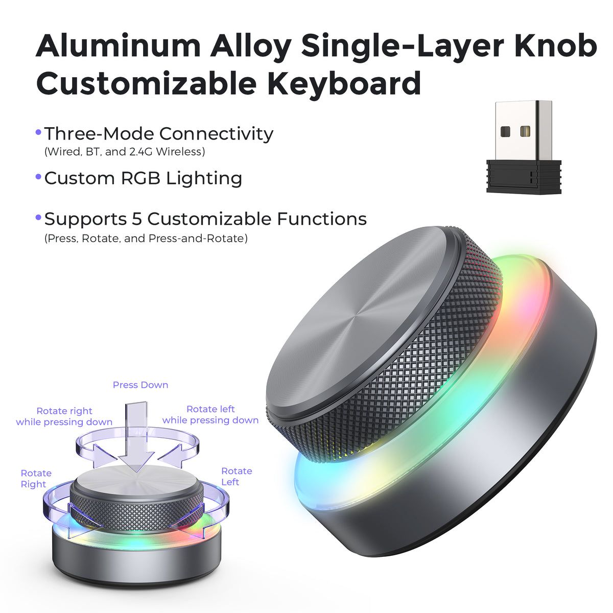 Gunmetal single-layer programmable RGB knob keyboard