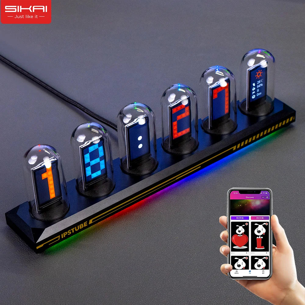 Sikai Nixie Tube Clock – Horloge Nixie commutable multimode, calendrier numérique et affichage de l'heure, albums photo numériques personnalisés, qui peuvent être modifiés via l'application (RVB Sikai Nixie Tube Clock – Horloge Nixie commutable multimode, calendrier numérique et affichage de l'heure, albums photo numériques personnalisés, qui peuvent être modifiés via l'application (RVB